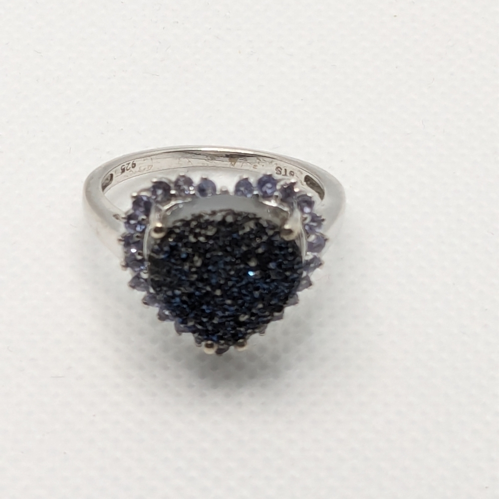 Elegant Blue Drusy with White CZs & Stainless-Steel Heart Shaped Ring Size 8